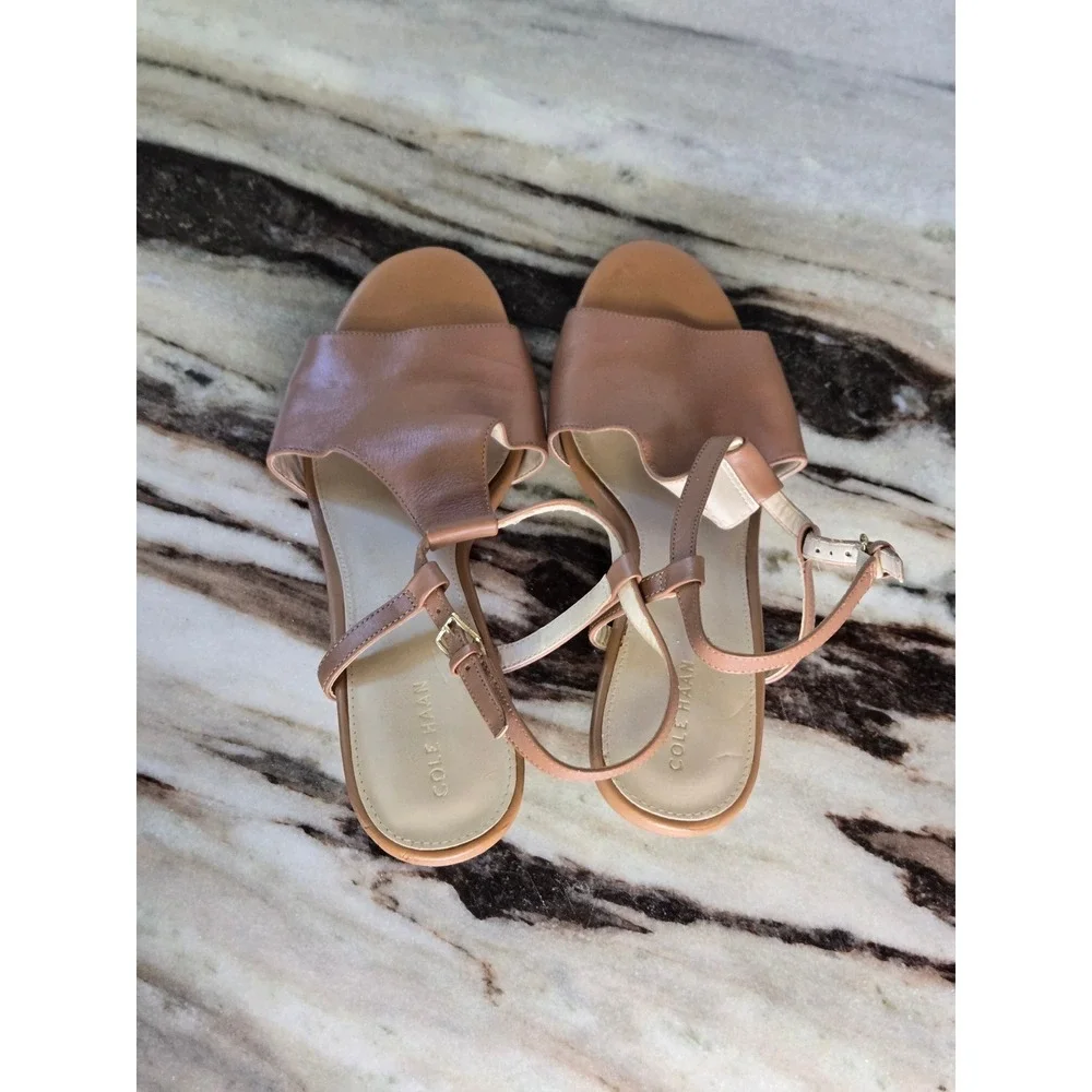 Cole Haan Tan Leather Wedge Sandals‎ Peep Toe T-Strap W14236 Womens 10B